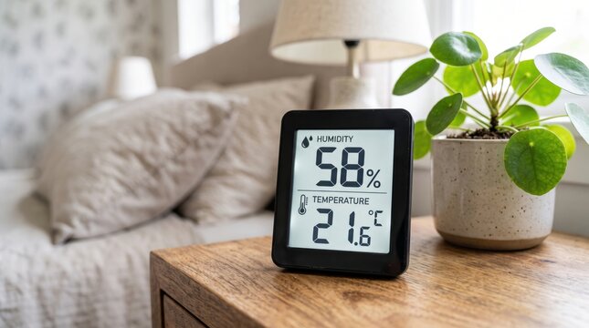 A digital hygrometer and thermometer on a wooden bedside table next to a potted plant in a cozy bedroom setting.
