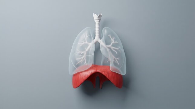 Transparent lungs with detailed bronchial tubes above a red diaphragm model on a gray background.