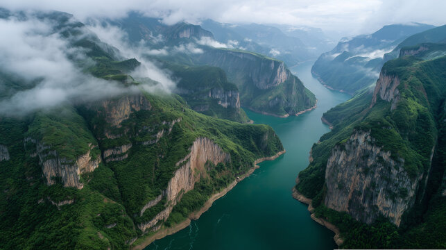 The Three Gorges along the Yangtze River with dramatic cliffs, emerald water, morning mist, breathtaking aerial drone photography, ultra realistic, HDR, 8K, no people