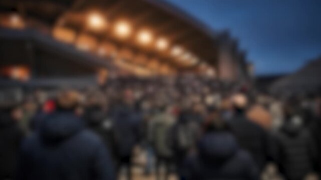 Large Crowd Walking Toward Sports Stadium at Dusk