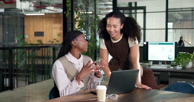Manager, woman and laptop in office for advice on expense tracking, budget variance or tax portal. Accountant, mentor and happy on tech for accounting software, explain payroll info or revenue report