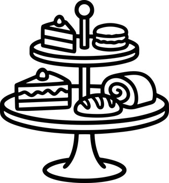 Dessert Stand Icon: Cakes, Macaron, Swiss Roll and Bread - Line Art