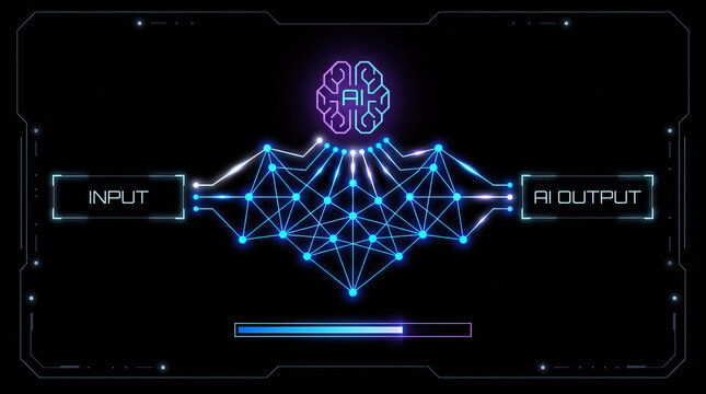 Artificial intelligence neural network digital node data flow machine learning input output futuristic technology interface processing with glowing blue circuitry and purple brain symbol dark