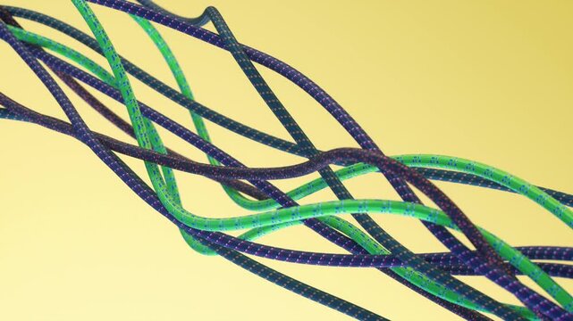 3d render of climbing rope waving against a bright yellow background. The rope stretches and twists
