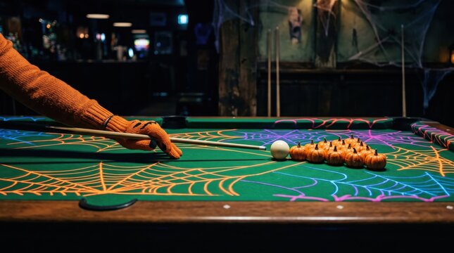 A person wearing an orange glove plays pool on a Halloween-themed table decorated with spider webs and pumpkins.
