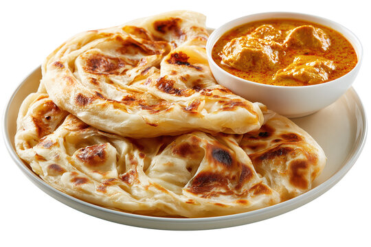 Delicious freshly cooked Malaysian roti canai with spicy curry dip on a white plate