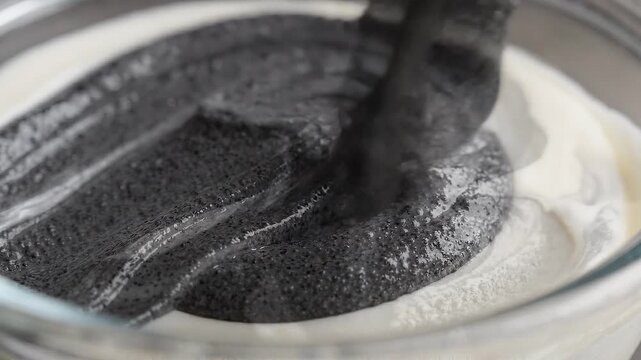 Black and white mixture of cream and charcoal paste being blended in a glass bowl, showcasing the gradual integration of textures and colors in a kitchen setting