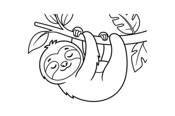 Line art illustration of a baby sloth hanging from a branch © Ismail Hosen