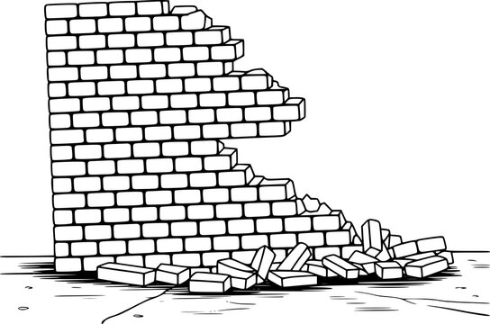 A black and white line of a partially collapsed brick wall with rubble scattered on the ground
