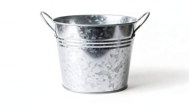 Galvanized metal bucket with handles on white background studio lighting clean composition commercial use concept