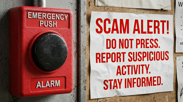 Emergency alarm button scam warning bulletin display urgent public safety information, urging person to avoid pressing control and report suspicious activity while staying informed