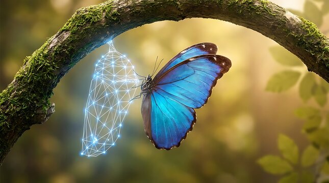 Blue morpho butterfly emerging from digital wireframe chrysalis on tree branch featuring glowing geometric nodes for transformation concepts in modern technology.