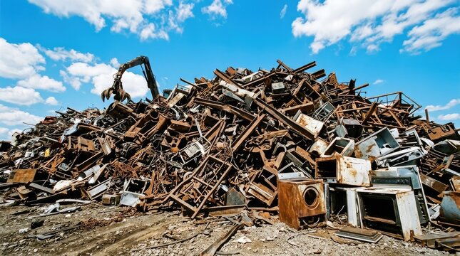 Large pile of scrap metal and junk in a junkyard with mechanical claw
