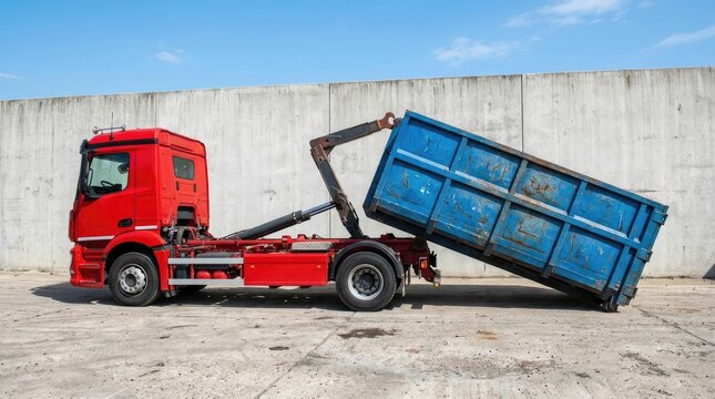 Red hook lift truck unloading a blue industrial waste container