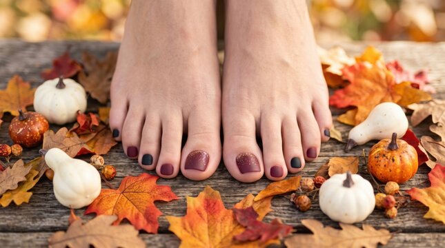 Bare feet with dark nail polish among autumn leaves and small decorative pumpkins on a wooden surface.