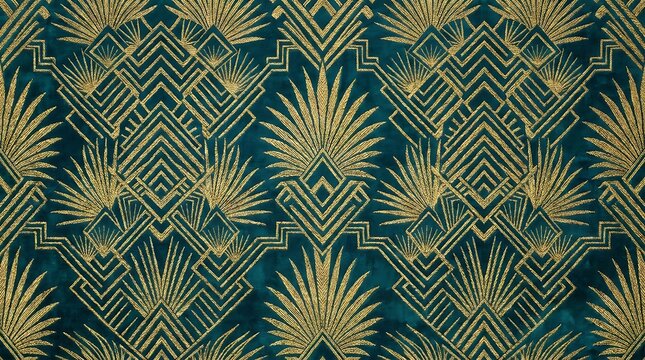 Art deco style seamless pattern featuring golden palm leaf motifs on deep teal background with showcases repeating art motifs set against sophisticated