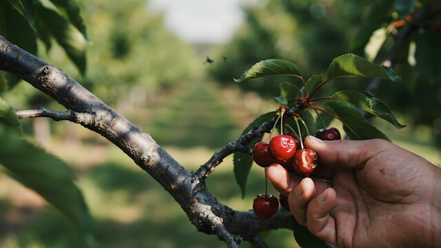 Hand Picking Ripe Cherries from Tree Branch in Orchard Landscape