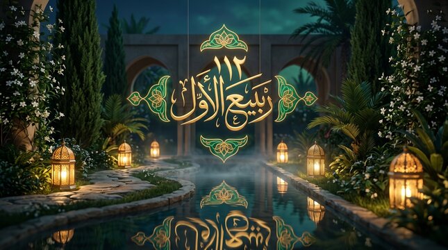 Islamic Rabi al-Awwal calligraphy in garden, 12 Rabi ul Awal celebration background, elegant Arabic script with lanterns