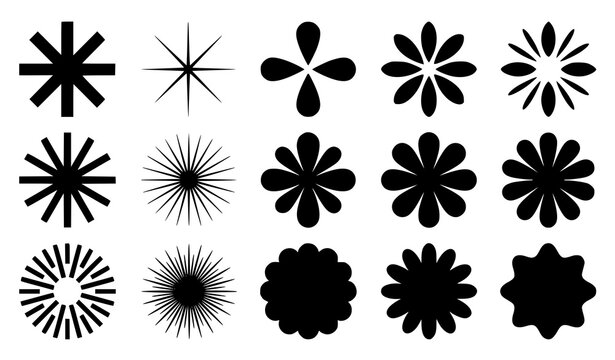 Decorative Burst Sparkle Sunray Flower Shapes Black White Vector Set