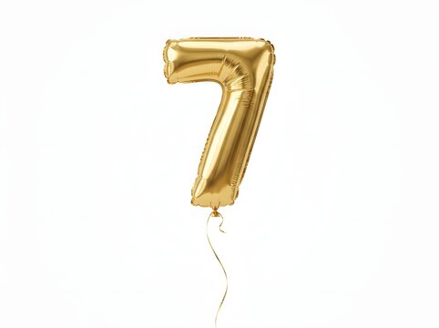 Elegant golden foil number seven balloon floating gracefully against a minimalist white background for celebrations and milestones