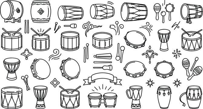 Musical drum line icon set with percussion instruments bongo djembe tambourine sticks maracas and cultural festival elements