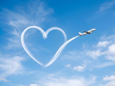 Elegant Jet Soaring Above Sky-Written Romantic Heart Shape Against Vibrant Blue Cloudy Sky Backdrop