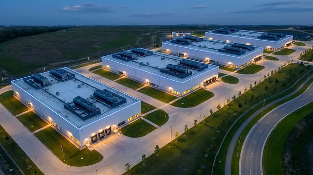 Aerial view of a large data center campus with multiple buildings featuring rooftop cooling units at twilight.