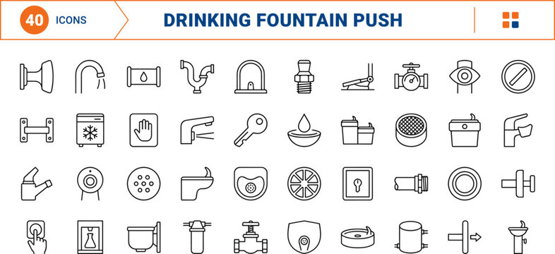 Drinking fountain push line icon set. Vector pictograms of button, water, hydration, and bubbler elements, thin linear illustration.