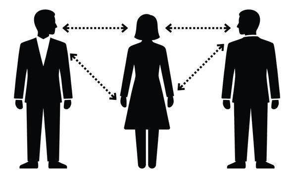 Business people maintaining distance during communication with dotted lines indicating connection and interaction
