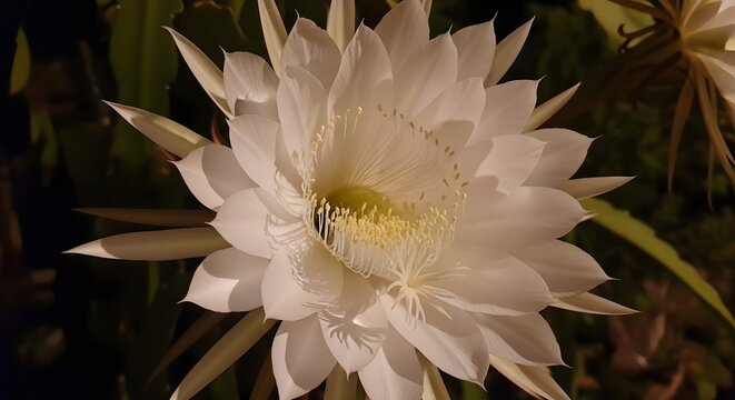 Night blooming cereus flower opening in soft darkness with delicate petals and stamen detail