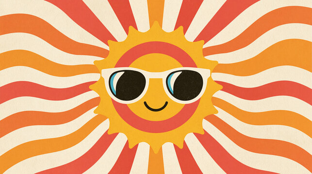 A happy sun character wearing white sunglasses stands in front of a retro style background with orange and yellow wavy sun rays for a summer design