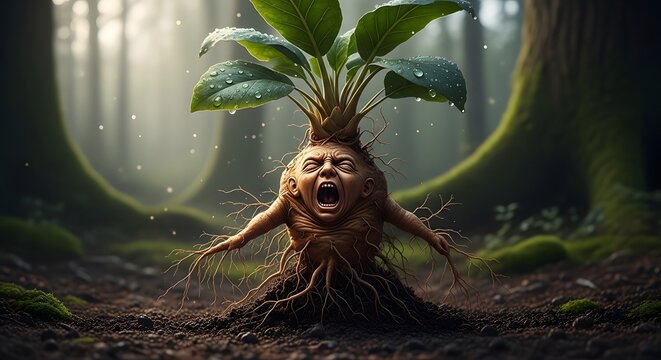 Mandrake root screaming in damp forest during misty morning with selective focus