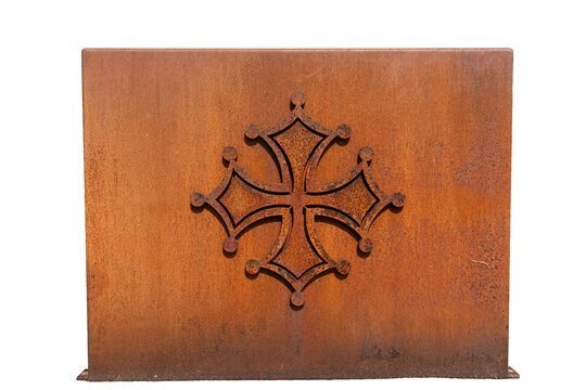 Occitan Cross Symbol Cutout in Rusted Corten Steel Isolated on transparent Background