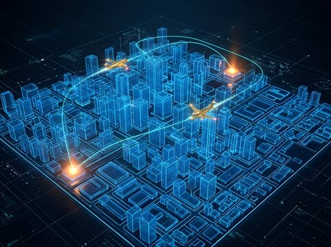 Futuristic aerial drone surveillance mapping urban infrastructure with glowing blue city grid network and illuminated aircraft