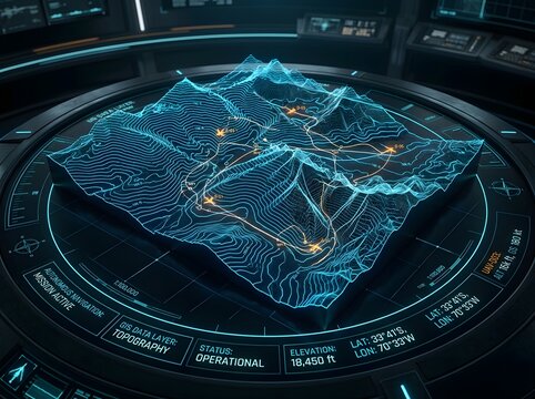 Futuristic 3D Topographical Mission Display Showcasing Advanced Autonomous Navigation System with Glowing Terrain Contours and Flight Paths