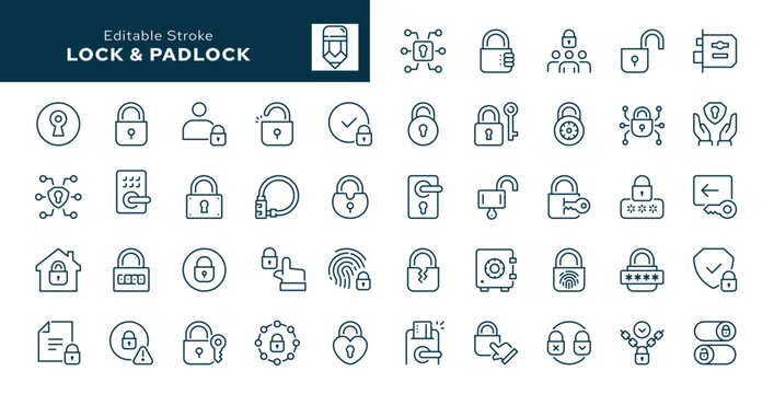 Lock and padlock outline icons set. Code, anti-theft, door, biometric, digital lock, key, keyhole and more. Line icon in linear style. Vector collection