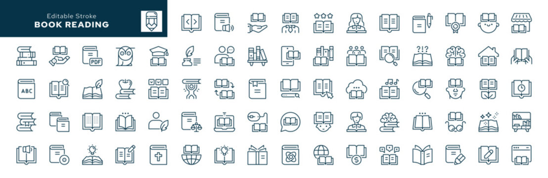 Book and reading outline icons set. E-books, library, literature and writer. Line icon in linear style. Vector collection	