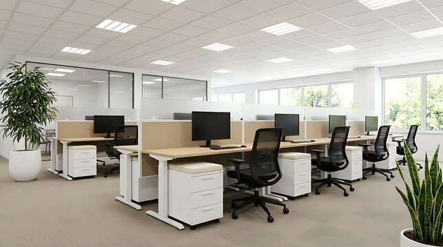 Contemporary open plan office interior with ergonomic workstations white desks and black mesh chairs for corporate professional work environments and productivity.