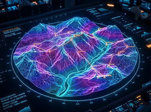 Futuristic holographic terrain mapping system displaying intricate 3D elevation data with glowing contour lines and labeled waypoints in a high-tech