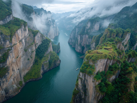 The Three Gorges along the Yangtze River with dramatic cliffs, emerald water, morning mist, breathtaking aerial drone photography, ultra realistic, HDR, 8K, no people