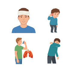 Fototapeta premium Set of Diverse Medical Illustrations Showing People with Common Health Issues and Illness Symptoms