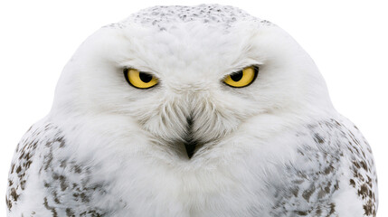 Fototapeta premium Snowy owl with bright yellow eyes and white speckled feathers