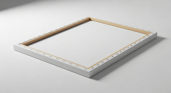 Stretched canvas frame lying flat on a surface with visible staples securing the woven fabric across the wooden structure ready for painting creative endeavors by artists and hobbyists alike