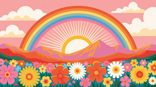 A vibrant landscape illustration shows a bright sun and colorful rainbow over rolling mountains behind a field filled with many different types of blooming spring flowers
