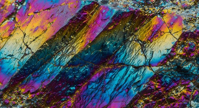 Polished mineral crystal with vibrant interference colors under polarized light and a textured background