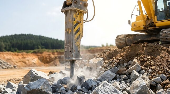 Hydraulic hammer attachment on yellow excavator smashing granite boulders creating clouds of dust at open pit mine location during daylight infrastructure project.