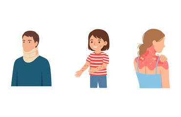 Fototapeta premium Medical vector illustrations showing people with neck brace, arm rash, and skin allergy symptoms