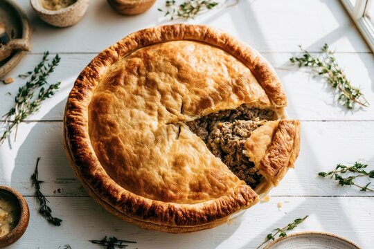 Flat lay of a classic tourtiere on bright wooden background for cookbook or menu use