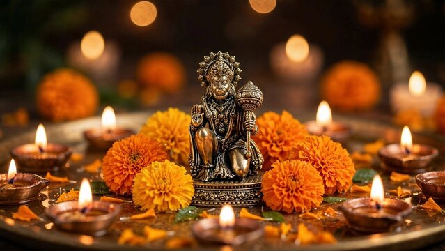 Brass Hanuman statue holding gada among lit diyas and marigold flowers
