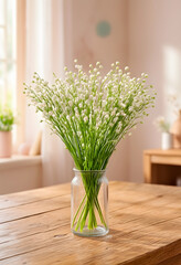 Fototapeta premium Spring floral decoration and home interior design, fresh white flowers in a glass vase on a rustic wooden table